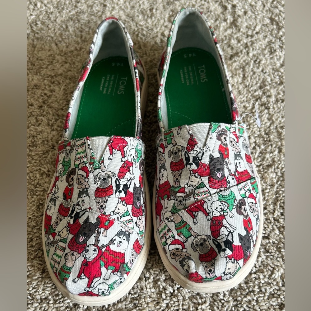 TOMS Alpargata Holiday Dogs Christmas‎ Sweaters Canvas Slip On Shoes Womens 4.5